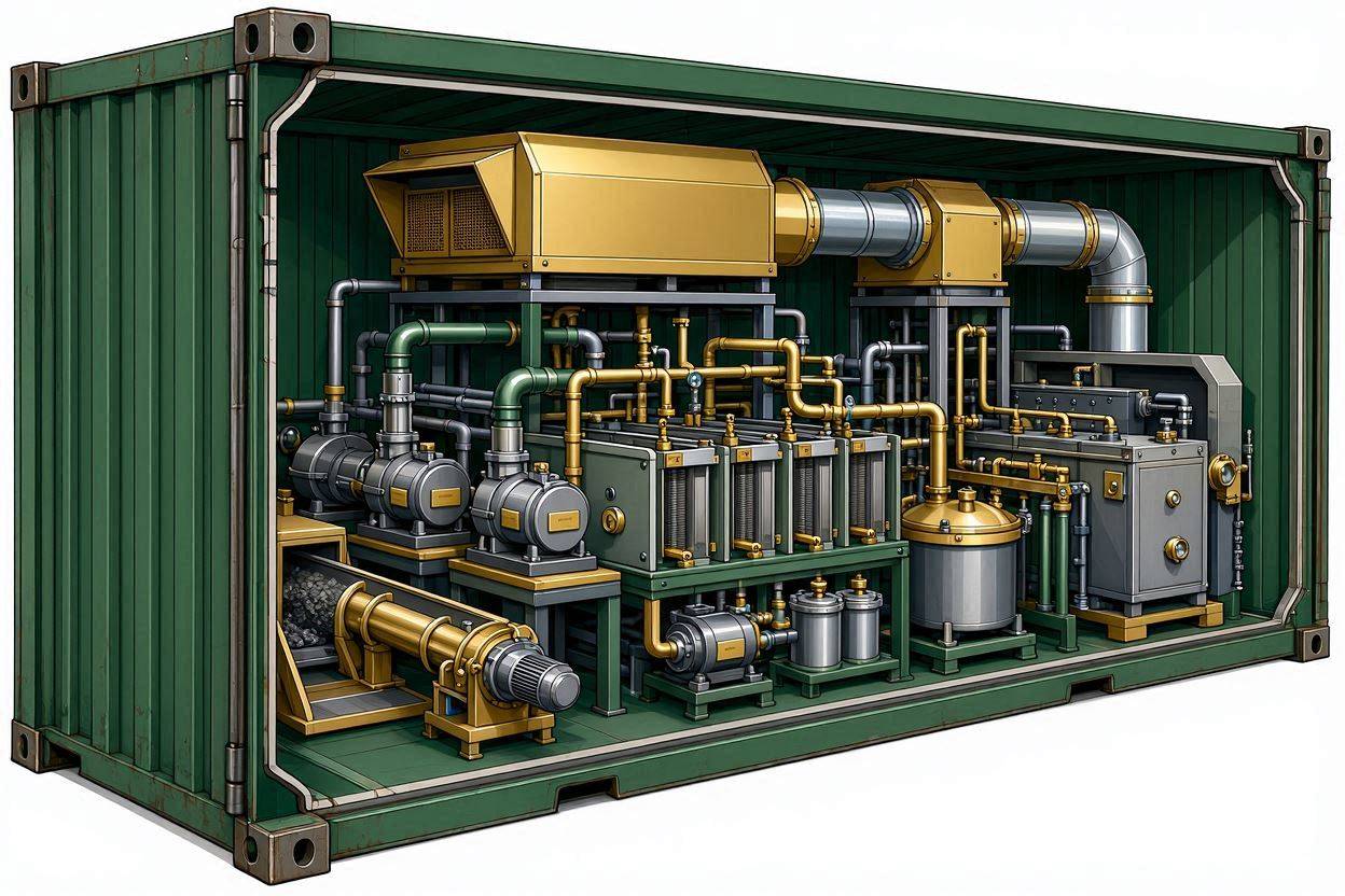 Containerized iodine leaching plant interior — pumps, reactors, electrowinning cell